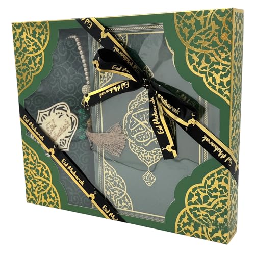 Modefa Luxury Eid Saeed Gift Box Set, Prayer Mat, Quran and Prayer Beads, with Black and Gold Ribbon (Green) - color: Green