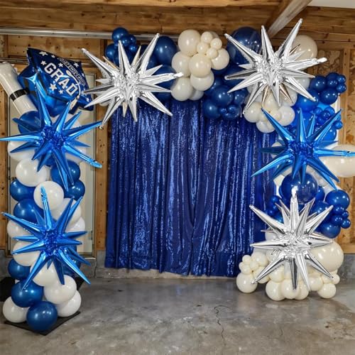 Blue Silver Star Balloons, 6PCS 22 Inch Foil Explosion Star Balloons - color: Blue Silver