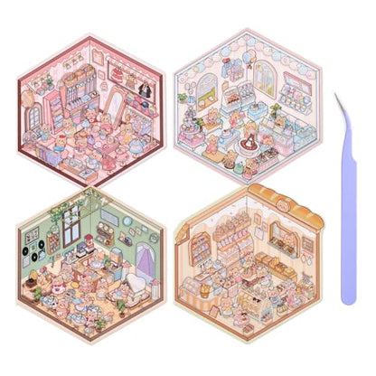 Girls 3D Miniature Scene Stickers, 4 Sets Mini Shop DIY House Stickers for Clothing Store, Coffee Shop, Bakery, Dessert Shop, Cute 3D Cartoon Sticker Scenes for Adult Kids Relief Stress Pass The Time - style: Mini Shop