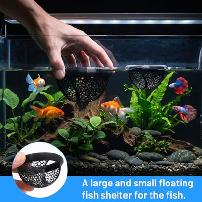 2Pcs Floating Betta Hammock & Shrimp Cave, 3D Printed Aquarium Decor with Feeding Ring in 2 Sizes, Betta Fish Hammock for Shrimp & Small Fish, Fishes Tank Accessories (Black)