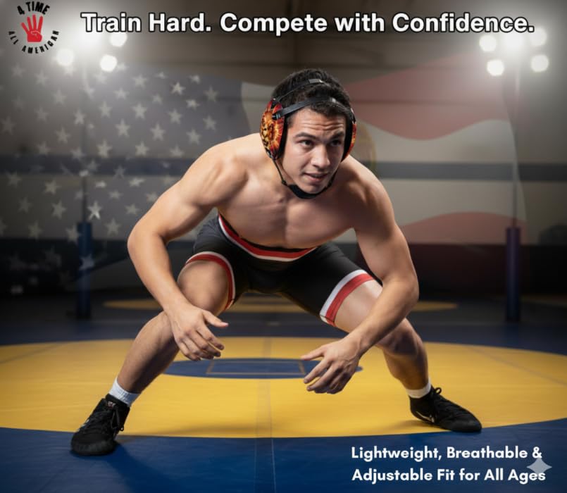 Wrestling Headgear with Ear Protection & Chin Cup Adjustable Lightweight Head Guard for Competition & Practice – Durable Protective Wrestling Ear Guard for Youth & Adult Athletes - color: Fire Lion