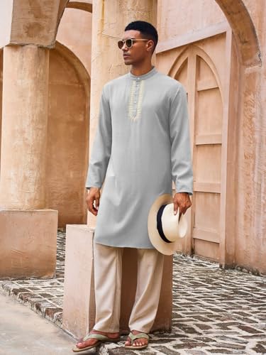 Yousify Mens Kaftan Thobe Casual Henley Shirts - color: Dark Grey, size: Medium