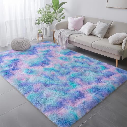 Shag Living Room Rug 5x7 Purple Rainbow, Ultra Soft Luxury Shaggy Rugs for Girls Kids Bedroom Nursery, Modern Fluffy Plush Carpet Room Dorm Indoor Home Decor, Upgrade Non-Slip - color: Purple Rainbow, size: 5' x 7' (Rectangular)