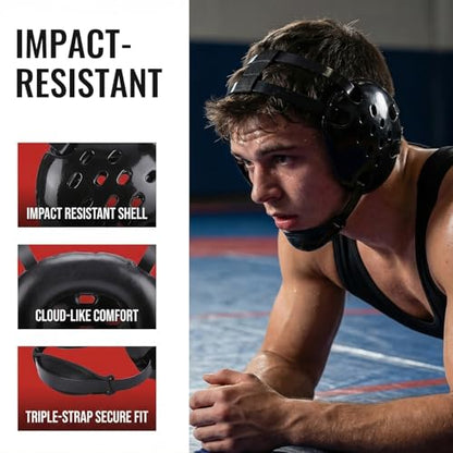Wrestling Headgear with Chin Cup for Youth & Adult | Impact-Resistant ABS Shell, 11-Vent Breathable Design