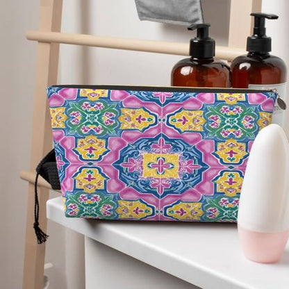 Leather Makeup Bag for Purse, Waterproof Small Toiletry Bag with Zipper, Cute Cosmetic Bags for Women, Pink Blue Islamic Pattern Travel Pouch - color: Pink Blue Islamic Pattern