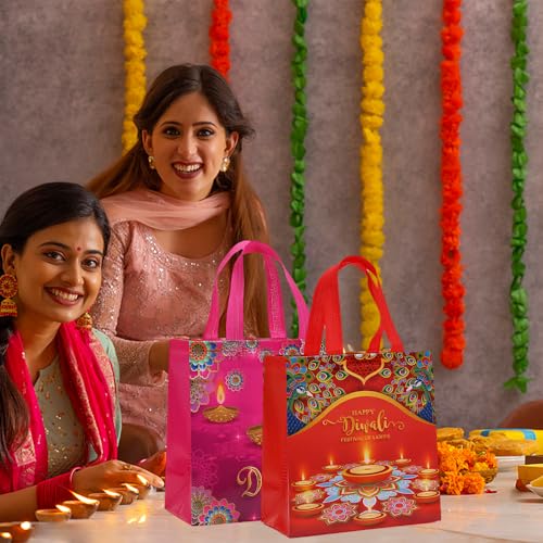 Colodeol 16 Pcs Diwali Gift Bags, Happy Diwali Tote Bags with Handles Non-woven Treat Bags Bulk for Indian Light Festival Party Decoration Favor