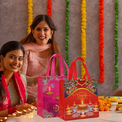 Colodeol 16 Pcs Diwali Gift Bags, Happy Diwali Tote Bags with Handles Non-woven Treat Bags Bulk for Indian Light Festival Party Decoration Favor