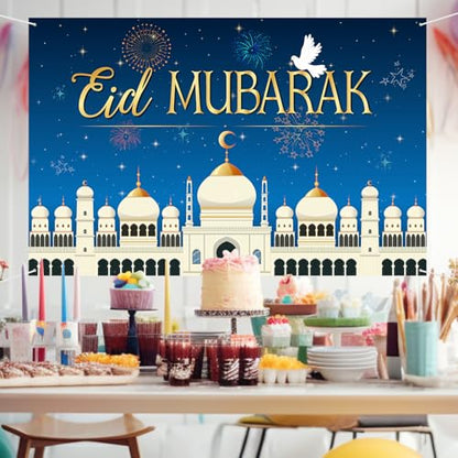 Eid Mubarak Backdrop Banner Decor - 6x4 ft Happy Eid Ramadan Mubarak Photography Background Poster - Islamic Festival Ramadan Holiday Party Photography Prop Booth Decorations