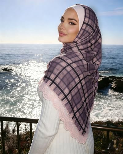 JUMISEE Elegant Floral Lace Hijab Scarf for Women Soft Cotton Head Wrap Instant Hijab Long Scarves Evening Dress Shawl - color: Pink Plaid Pattern