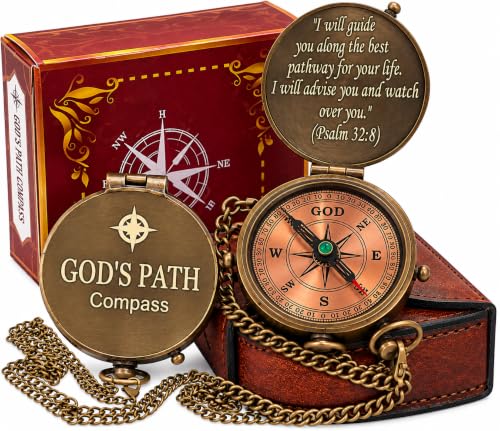 God's Path Compass - Engraved Working Handmade Antique Compass with Scripture Religious, Christian, Catholic, Christening, First Communion, Confirmation Gifts for Teenage Boys and Men - color: In Leather Box