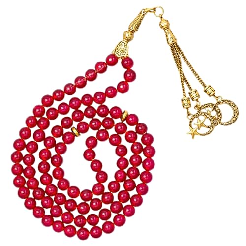 Amazing Gemstone Crystal Tasbeeh with Moon and Star Charm - Certified Crystal Muslim Prayer Beads Natural Gemstone Tasbih Gift for Ramadan Dhikr and Daily Namaz (G) - color: Ruby Jade (dye)