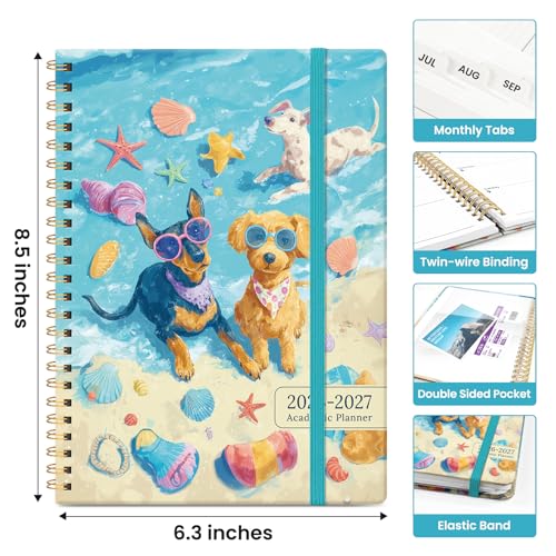 Planner 2026–2027, Academic Monthly Weekly Spiral Calendar, July 2026 – June 2027, Hardcover Agenda Notebook with Tabs, 6.3" x 8.5", Perfect for Students, Teachers, School & Daily Planning - Beach Pups - color: S-Beach Pups, size: (6.3"x8.5")a5