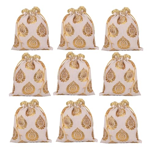 Touchstone Drawstring Bags Indian Handcrafted Pouches Potli for Gifts - color: Ficus Leaf_gold (Pack of 9), size: 7x5 inches