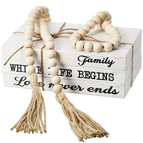 Jetec 3 Pcs Decorative Display Books White Home Decor Coffee Table Faux Stacked Fake Decorative Books with Wood Bead Tassels for Shelves Kitchen Entryway Living Room, 58 Inch, Family Where Life Begins - style: Family Where Life Begins