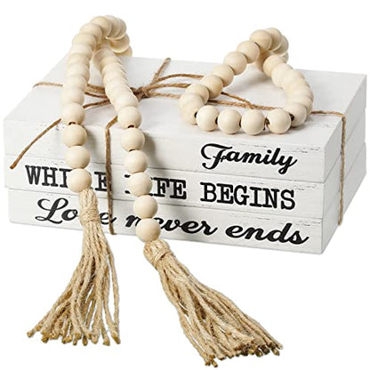 Jetec 3 Pcs Decorative Display Books White Home Decor Coffee Table Faux Stacked Fake Decorative Books with Wood Bead Tassels for Shelves Kitchen Entryway Living Room, 58 Inch, Family Where Life Begins - style: Family Where Life Begins