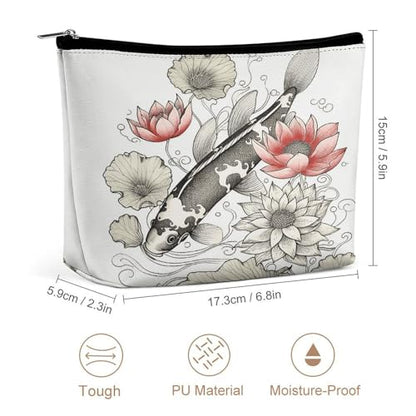 Fish Japanese Carp Lotus Leaves Flower Makeup Bag for Women, Toiletry Bag Portable PU, Cosmetic Bag Travel Essentials Toiletries Accessories