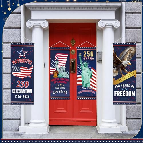 Panelee 4 Pcs 250th Anniversary Banner Decoration Patriotic American Flag Porch Banner 250th Anniversary Hanging Backdrop for Independence Day 4th of July Wall Indoor Outdoor Decor - style: 250th