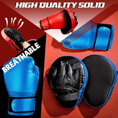 Foilswirl 4-in-1 2 Pairs Boxing Gloves and Punching Mitts Set for Kids, Boxing Gloves Pads Equipment Set for Training, Kickboxing, MMA, Karate, Muay Thai, Taekwondo, Martial Arts - color: Red and Blue