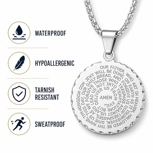 Steeltime Stainless Steel Lords Prayer Necklace with Simulated Diamonds - color: Silver, style: Round Pendant