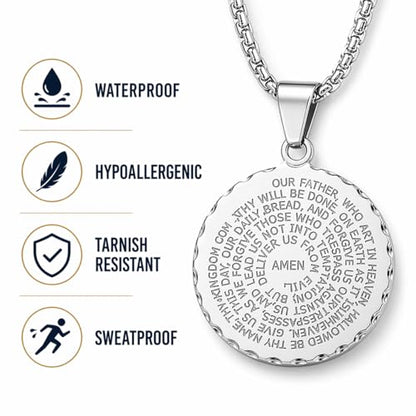 Steeltime Stainless Steel Lords Prayer Necklace with Simulated Diamonds - color: Silver, style: Round Pendant