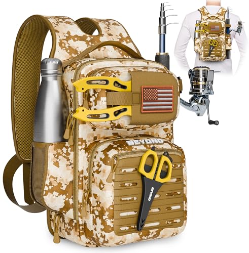 Beyond Fishing Tackle Backpack- The Voyager Tactical Fishing Storage Bag - Lightweight & Compact Bag For Fishing - color: Sand Storm