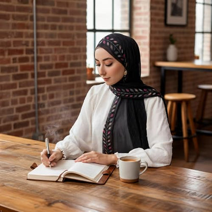 Hijab Modest and Elegant | Beautifully Designed Printed Chiffon Patterns | Muslim Women Head Scarf and Veil - color: Black P