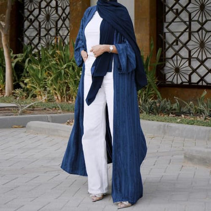 Front Open Abayas for Women Muslim with Hijab Scarf Islamic Prayer Clothes Long Sleeve Muslim Cardigan Dress Dubai Cardi Robe - color: Dark Blue, size: Large