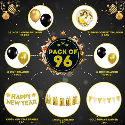 KatchOn, Happy New Year Gold Star Garland - Large, Pack of 99 | New Year Balloon Garland Kit, Happy New Year Decorations 2024, NYE Decorations 2024 | Foil Tassel Garland for NYE decorations 2024