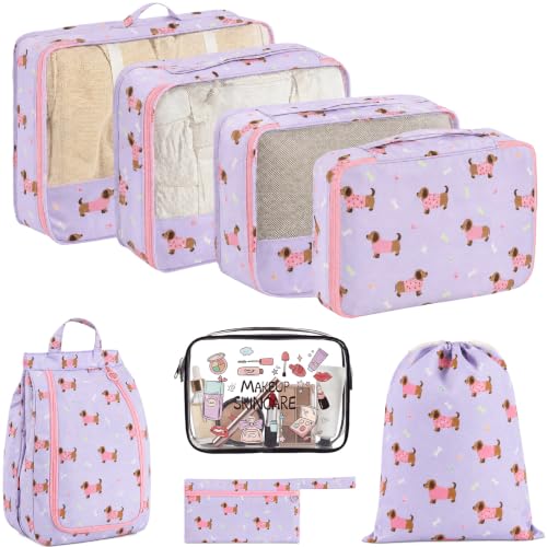 8 Set Packing Cubes for Travel, Durable Luggage Packing Organizers, Carry-On Accessories, TSA Approved See-Through Cubes, Space-Saving Storage Bags, Gifts for Women (Purple Dog) - color: Purple Dog