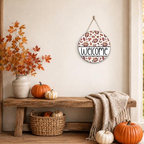 Smile Fall Football Welcome Wooden Round Door Hanger, Autumn Leaves Front Door Sign for Thanksgiving Game Day Decorations - style: Welcome Football