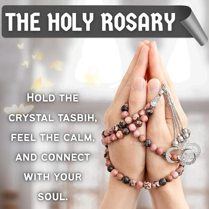 Amazing Gemstone Rhodonite Tasbeeh with Moon and Star Charm - Certified Crystal Muslim Prayer Beads Natural Gemstone Tasbih Gift for Ramadan Dhikr and Daily Namaz (S) - color: Rhodonite