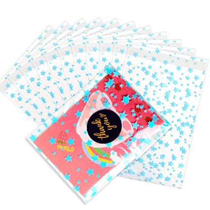 100 Pcs Star Printed Sealable Gift Wrap Cello Cellophane Bags Self sealing Adhensive Treat Bags Party Favor bags (4x6inch, Blue) - color: Blue(Self-sealing), size: 4x6 in