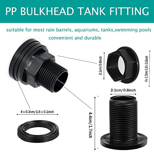PVC Bulkhead Fitting Double Threaded Bulkhead Water Tank Connector for Rain Barrels, Aquariums, Water Tanks, Tubs, Pools, Spigot, Black, 3/4 Inch Male 1/2 Inch Female (4 Pieces)