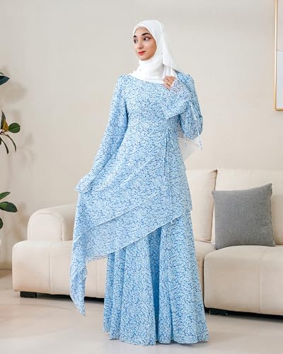 Muslim Abaya Dress for Women 3-Piece Set, Ruffle Top & Chiffon Maxi Skirt - color: Blue, size: X-Large