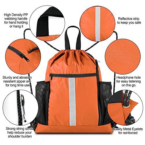 BeeGreen Orange Drawstring Backpack Bag Cinch Sack with Shoe Compartment and Two Side Mesh Pockets Lightweight Large Sturdy Drawstring Gym Sackpack For Unisex - color: Orange, style: Drawstring With Shoe Compartment