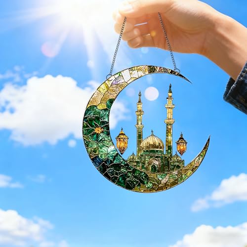 Crescent Moon Mosque Lantern Acrylic Suncatcher with Hanging Chain, Islamic Style Window Decor for Home, Patio, Garden,Ideal Present for Ramadan, Eid, Housewarming/YX-43