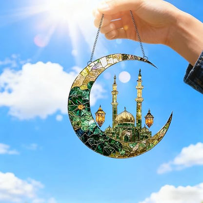 Crescent Moon Mosque Lantern Acrylic Suncatcher with Hanging Chain, Islamic Style Window Decor for Home, Patio, Garden,Ideal Present for Ramadan, Eid, Housewarming/YX-43