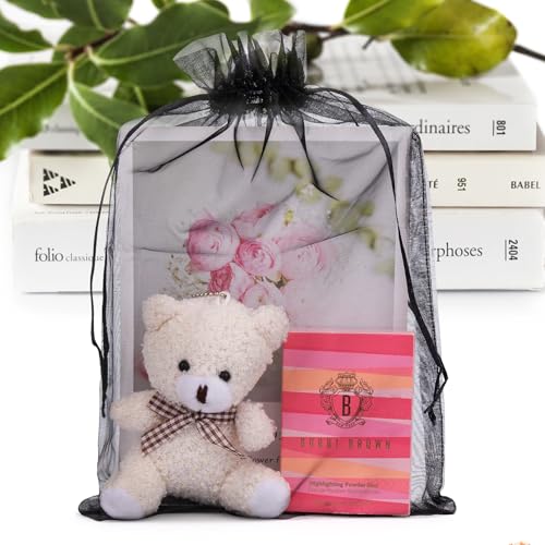 ANZNKU 100Pcs Large Organza Bags 8x12, Black Small Mesh Gift Bag Drawstring - color: Black