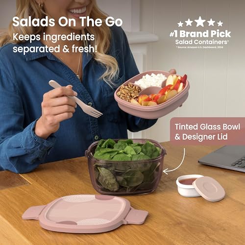 Bentgo Glass Prints Salad Container - 7.6-Cup Tinted Glass Salad Bowl with Airtight Lid, Leak-Proof Sauce Container, 4-Compartment Bento Meal Prep Tray & Reusable Fork (Mod Curve - Desert Rose) - color: Mod Curve - Desert Rose