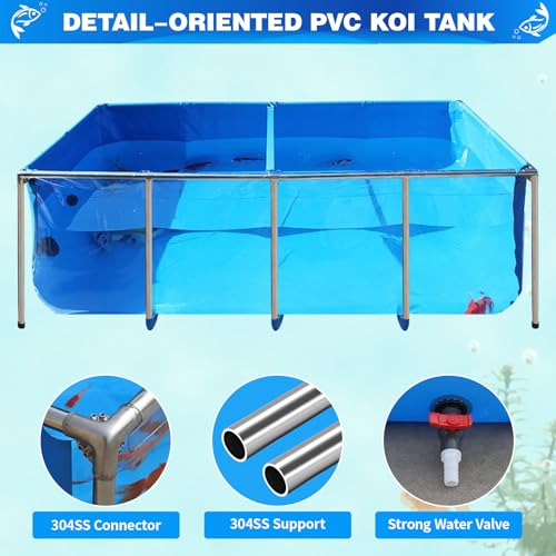 PVC KOI Aquarium Tank, Temporary Fish Tank with Clear Viewing Panel, KOI/Goldfish Pond with 304SS Frame & Drain Valve(70.9" L*39.4" W*31.5" H, About 345Gal Water Capacity) - size: 70.9INCH