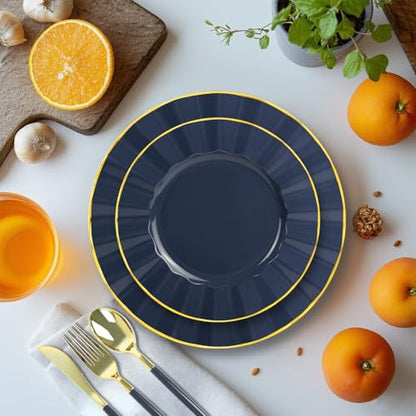 150Pcs Plastic Plates with Gold Rim,Heavy Duty Blue Plates for 30 Guests,Plastic Dinnerware Set Include 30 Dinner Plate,30 Dessert Plate,90 Gold Cutlery Set for Party (Blue) - color: Blue