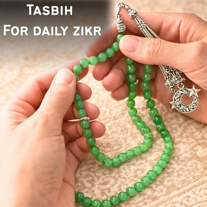 Amazing Gemstone Green Aventurine Tasbeeh with Moon and Star Charm - Certified Crystal Muslim Prayer Beads Natural Gemstone Tasbih Gift for Ramadan Dhikr and Daily Namaz (S) - color: Green Aventurine