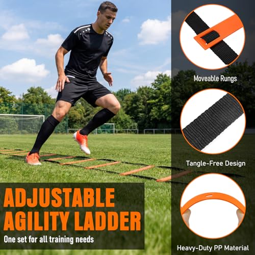 Agility Ladder, Soccer Football Training Equipment Set - 20ft Speed Ladder, 4 Hurdles,Parachute, 12 Cones & Jump Rope | Agility & Speed Training for Kids Youth Adults,Basketball & Football Accessories - color: Orange