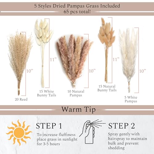 VELOVA Set of 3 White Ceramic Vase with 65 PCS Dried Pampas Grass Flowers Aesthetic Boho Modern Small Round Cute Vases for Decor Living Room Coffee Table Shelf Bedroom Office Desk Home Gifts Women Mom