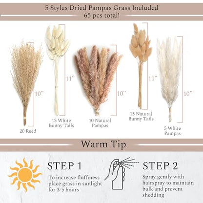 VELOVA Set of 3 White Ceramic Vase with 65 PCS Dried Pampas Grass Flowers Aesthetic Boho Modern Small Round Cute Vases for Decor Living Room Coffee Table Shelf Bedroom Office Desk Home Gifts Women Mom