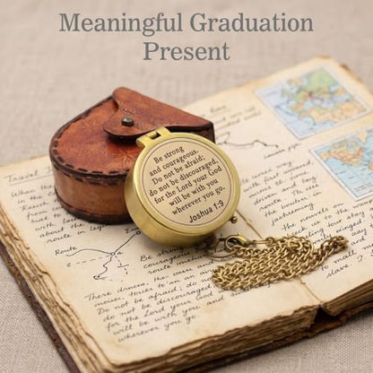 Compass – Brass Directional Vintage Compass Engraved with “Be Strong and Courageous” Joshua 1:9 Bible Verse, Baptism 2026 Communion Christian Inspirational Gifts for Women/Men - style: Be Strong- Leather Case