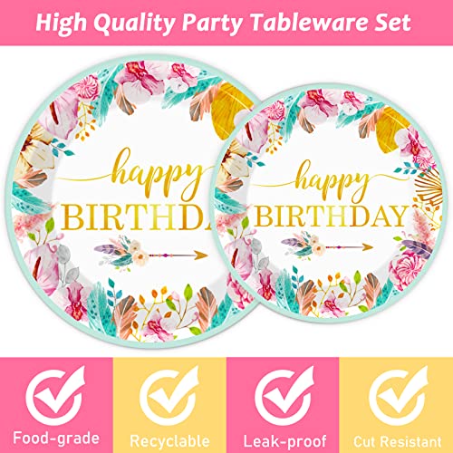 Tevxj 96 Pieces Happy Birthday Party Plates Napkins Boho Decorations Gold Metallic Tableware for Boys and Girls Happy Birthday Dessert Plates Napkins Forks for 24 Guests Party Supplies Favor - style: Boho Happy Birthday