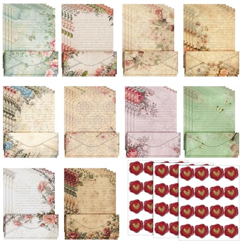 TaoBary 160 Pcs Stationery Paper Set 50 Double Sided Stationery Papers with 50 Matching Envelopes and 60 Round Dot Sticker, 10 Design(Vintage Floral,8.5 x 11 Inch) - size: 8.5 x 11 Inch, style: Vintage Floral