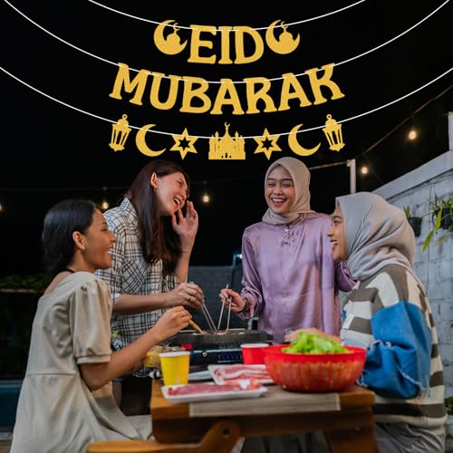 Gold Glitter Eid Mubarak Banner and Garland Set, Pre-Assembled Islamic Party Decor with Mosque Lantern Moon Star for Eid al-Fitr Home Wall Festival Decorations