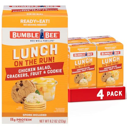 Bumble Bee Lunch On The Run Chicken Salad with Crackers Kit, 8.2 oz (Pack of 4) - Ready to Eat, Includes Crackers, Cookie & Mixed Fruit - Shelf Stable & Convenient Source of Protein, Easy Open Can - size: 8.2 oz (Pack of 4)